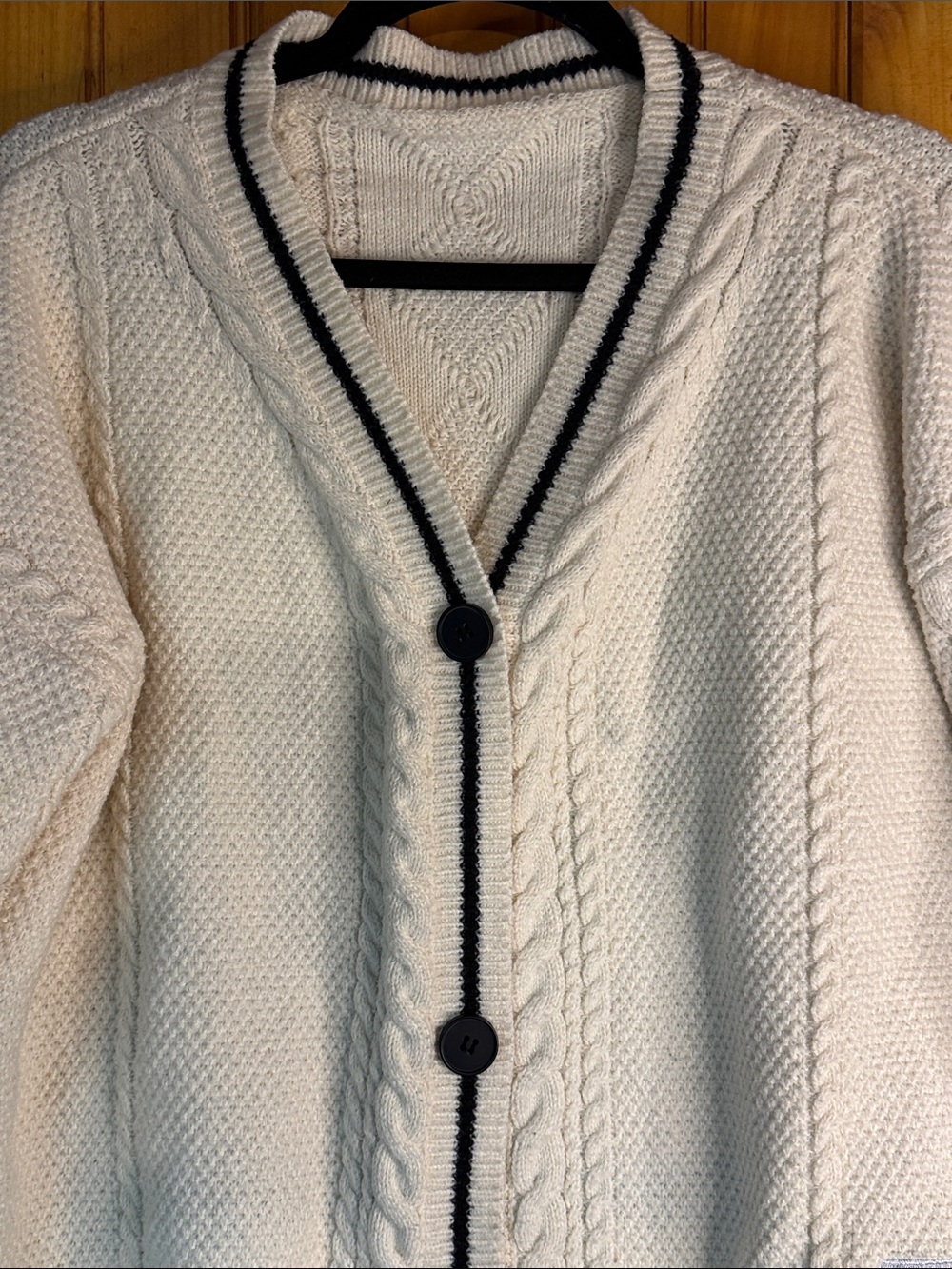 Taylor Swift Folklore Cream Cable Knit Cardigan with Navy Trim - Picture 3 of 9
